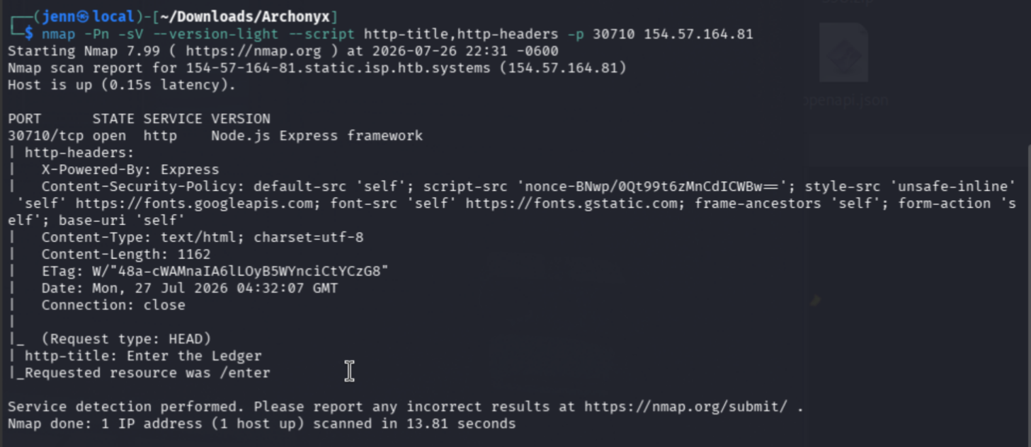 Nmap scan showing Express over HTTP with CSP nonce